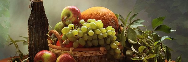 Jabłka, Kosz, Listki, Butelka, Owoce, Winogrona, Melon, Kompozycja
