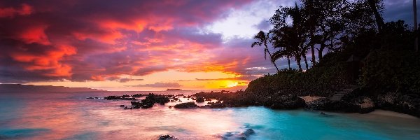 Chmury, Kurort Wailea, Morze, Wyspa Maui, Hawaje, Palmy, Zachód słońca