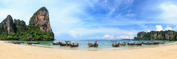 Łódki, Skały, Prowincja Krabi, Plaża Railay Beach, Morze Andamańskie, Drzewa, Tajlandia