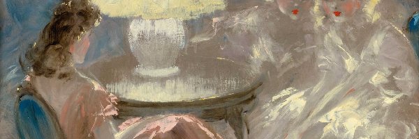 Stół, Louis Icart, Kobiety, Lampka, Malarstwo, Obraz