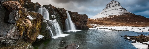 Skały, Wodospad Kirkjufellsfoss, Rzeka, Zima, Góra Kirkjufell, Islandia