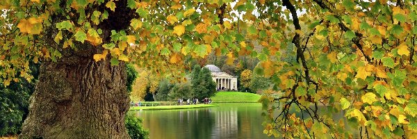 Jesień, Drzewa, Rezydencja, Jezioro, Park, Anglia, Stourhead