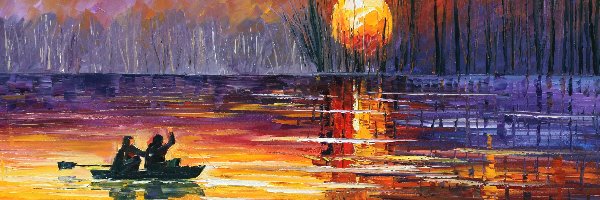 Drzewa, Jezioro, Łódka, Wschód słońca, Leonid Afremov, Malarstwo