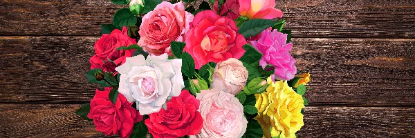 Kolorowe, Deski, Róże, Bukiet
