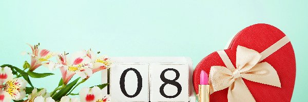 Dzień Kobiet, Serce, Prezent, Pudełko, Alstremerie, Data, Szminka