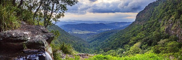 Góry, Queensland, Chmury, Drzewa, Park Narodowy Lamington, Wzgórze O Reilly, Wodospad Morans Falls, Australia
