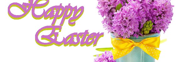 Napis, Kwiaty, Tło, Pisanki, Doniczka, Kokarda, Żółta, Wielkanoc, Hiacynty, Happy Easter