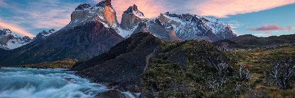 Rzeka, Zachód, Słońca, Park Narodowy Torres del Paine, Góry Torres del Paine, Chile