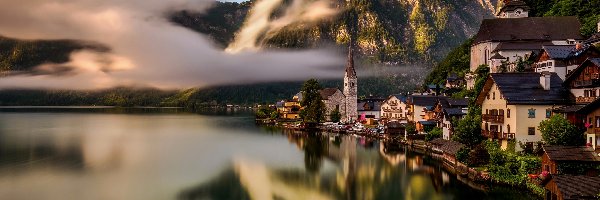 Odbicie, Jezioro, Góry, Hallstatt, Austria, Domy, Alpy Salzburskie
