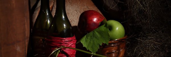 Butelki, Wino, Jabłka