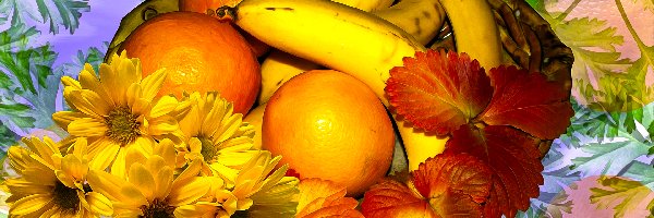 Grafika, Pomarańcze, Żółte, Banany, Owoce, Liście, Kwiaty