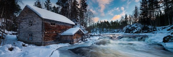 Zima, Rzeka, Finlandia, Laponia, Drzewa, Park Narodowy Oulanka, Gmina Kuusamo, Młyn Myllykoski