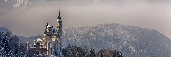 Góry, Zamek Neuschwanstein, Zima, Drzewa, Bawaria, Niemcy