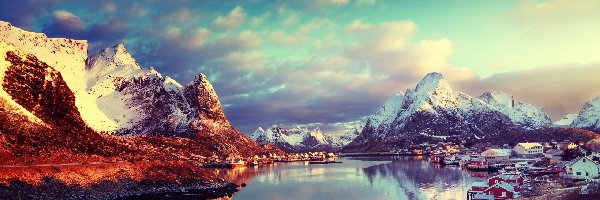 Norwegia, Chmury, Wioska Reine, Zima, Góry