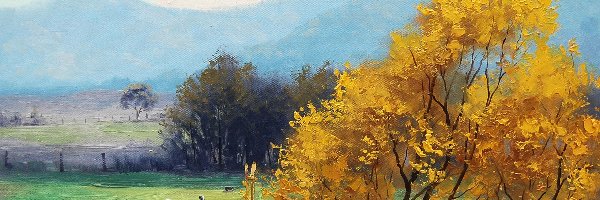 Pola, Jesień, Góry, Drzewo, Obraz, Malarstwo