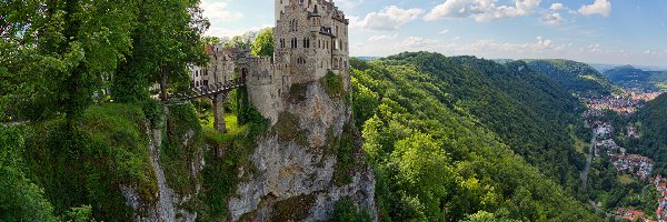 Drzewa, Wzgórza, Skały, Roślinność, Zamek Lichtenstein, Niemcy