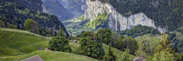 Szwajcaria, Dolina Lauterbrunnental, Góry Alpy Berneńskie, Domy, Drzewa