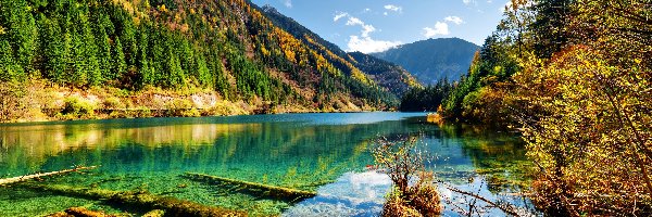 Jezioro, Ngawa, Park Narodowy Jiuzhaigou, Prowincja Syczuan, Chiny, Lasy, Góry