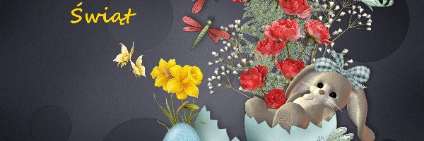 Grafika, Kwiaty, Wielkanoc, Motyle, Zajączek