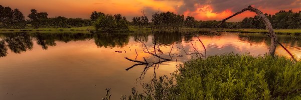 Zachód słońca, Rezerwat James A. Reed Memorial Wildlife Area, Jezioro, Drzewa, Stan Missouri, Stany Zjednoczone