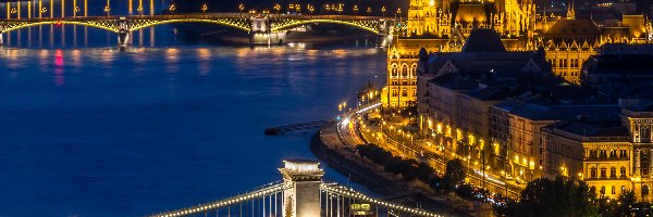 Noc, Most, Miasto, Budapeszt, Dunaj, Węgry