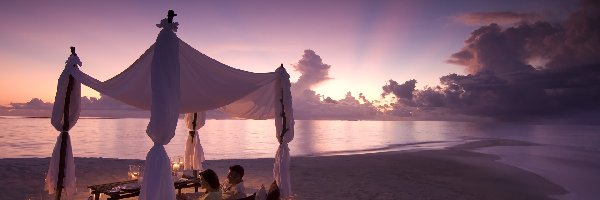Namiot, Wakacje, Chmury, Plaża, Romantycznie, Świece, Morze, Para