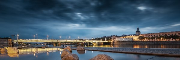 Światła, Lyon, Budynki, Most, Wieczór, Kamienie, Rzeka Rodan, Francja