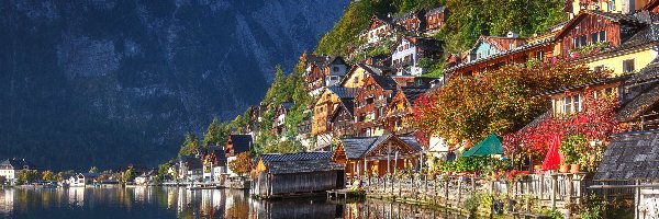 Domy, Jezioro Hallstättersee, Alpy Salzburskie, Drzewa, Hallstatt, Austria