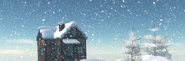 Zima, Zaspy, Śnieg, Drzewa, Dom