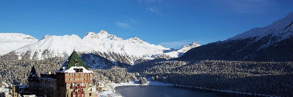 Badrutts Palace, Jezioro, Hotel, St.Moritz, Lasy, Góry