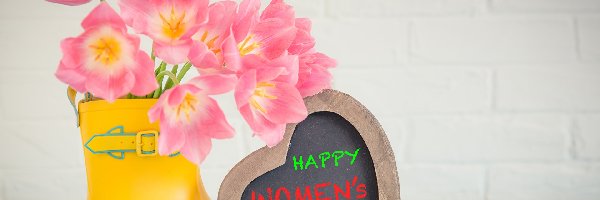 Happy Womens Day, Bukiet, Tulipany, Kalosz, Dzień kobiet, Napis, Serce