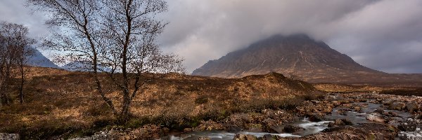 Chmury, Szczyt Buachaille Etive Mor, Grampiany, Region Highland, Szkocja, Drzewo, Skały Góry, Pasmo Glencoe, Potok