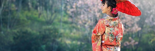 Kobieta, Kimono, Azjatka, Parasolka, Czerwona