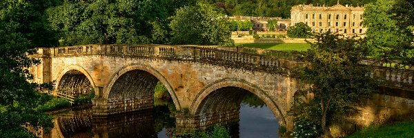 Rzeka Derwent, Pałac Chatsworth House, Most, Drzewa, Derbyshire, Anglia