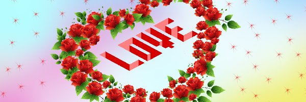 Love, Róże, Napis, 2D, Kwiaty, Serce