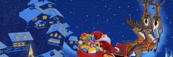 Mikołaj, Noc, Renifery, Sanie, Miasto, Boże Narodzenie