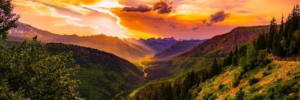 Rzeka, Zachód słońca, Dolina, Góry