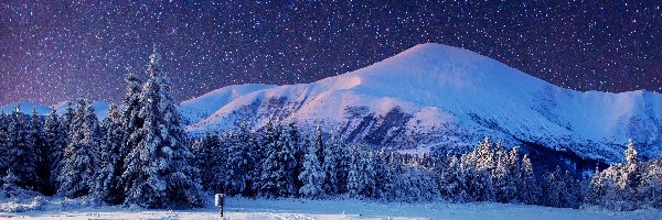 Góry, Gwiazdy, Las, Niebo, Śnieg