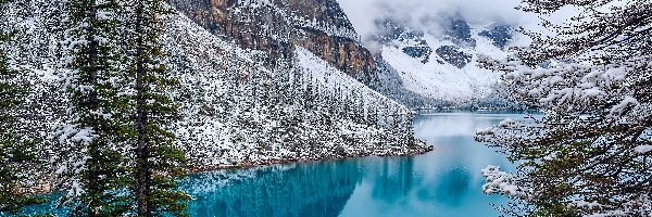 Kanada, Moraine, Góry, Las, Lake, Mgła, Zima, Jezioro