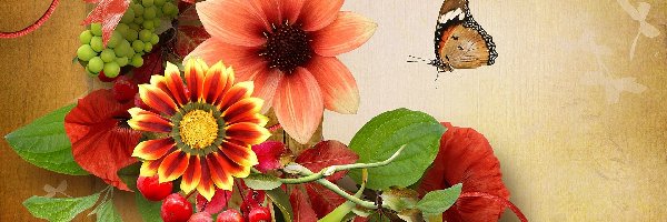 Kwiaty, Art, Motyl, Jesienne