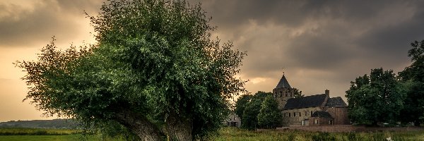 Farma, Oosterbeek, Chmury, Niebo, Kościół Hervormde Kerk, Pole, Drzewo, Holandia