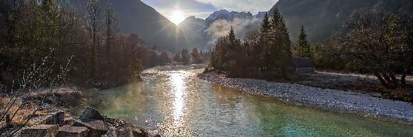 Promienie Słońca, Rzeka, Kamienie, Słowenia, Las, Góry