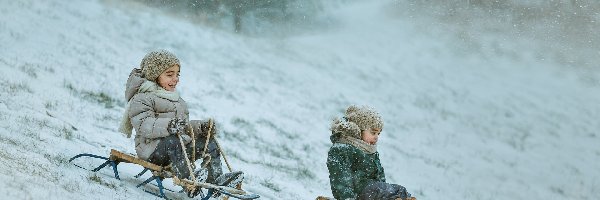 Śnieg, Sanki, Dzieci, Zima