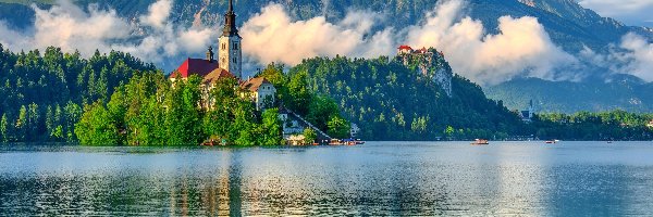Zamek, Bled, Kościół, Słowenia, Jezioro, Góry