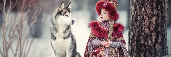 Pies, Zima, Dziewczynka, Siberian husky, Drzewo