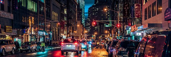 Ulica, Nowy Jork, Światła, Noc, Manhattan, East Broadway, Samochody, Stany Zjednoczone