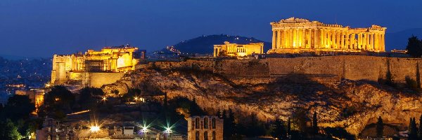 Księżyc, Ateny, Grecja, Noc, Ruiny, Akropol ateński