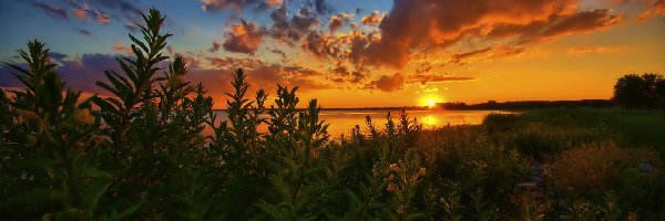 Chmury, USA, Zachód Słońca, Jezioro Michigan