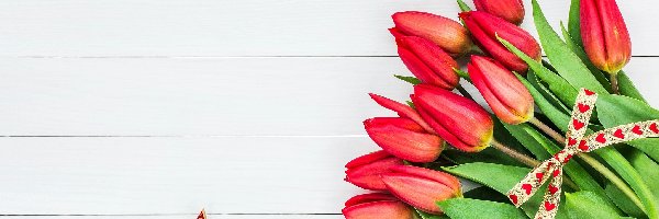 Tulipany, Wstążeczka, Czerwone, Deski, Bukiet