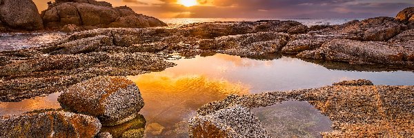 Morze, Plaża Boulders Beach, Zachód słońca, Kamienie, Półwysep Przylądkowy, Republika Południowej Afryki